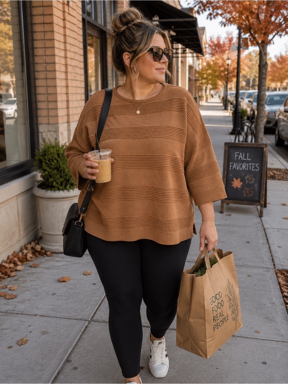 NWT Tahari Woman 1X Camel Textured Knit Sweater 3/4 Sleeve Ribbed Pullover